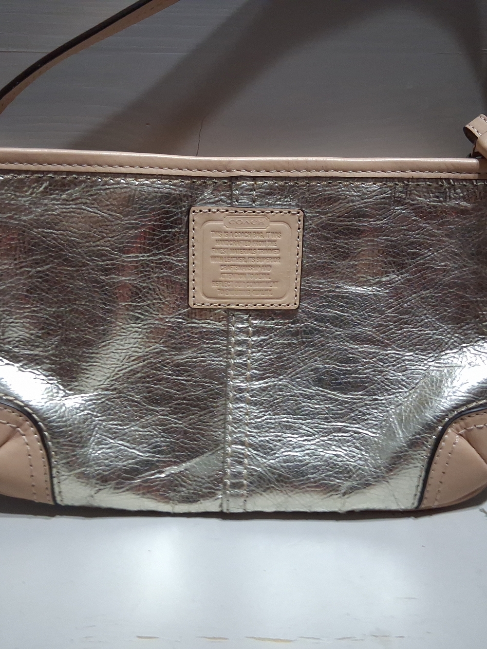 Coach Metallic Gold Crinkle Leather Wristlet Pochette Tan Trim